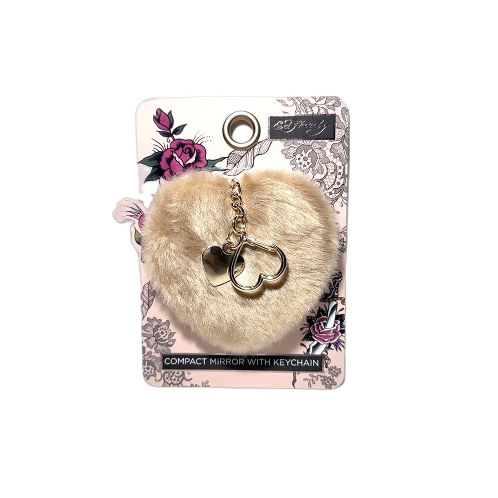 Ed Hardy Faux Fur Heart Compact Double-side Mirror Keychain Y2K New In Package